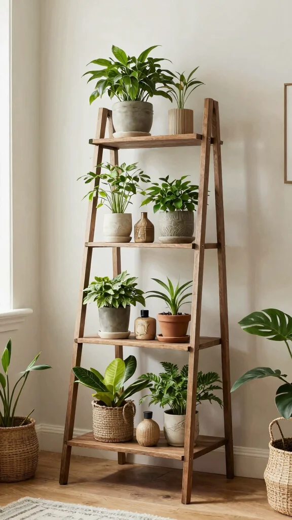 13 Large Plant Stand Ideas: Statement Pieces for Small Spaces - 12. Ladder Shelf Plant Stand 1