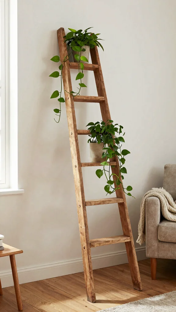 13 Large Plant Stand Ideas: Statement Pieces for Small Spaces - 2. Vintage Wooden Ladder Stand 1