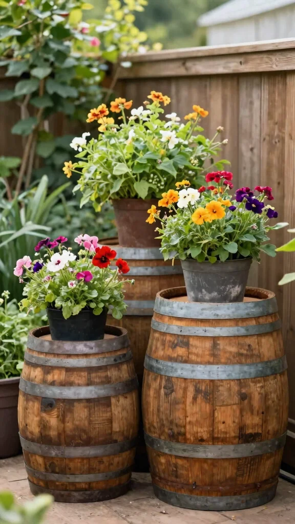 13 Large Plant Stand Ideas: Statement Pieces for Small Spaces - 6. Rustic Barrel Plant Stands 1