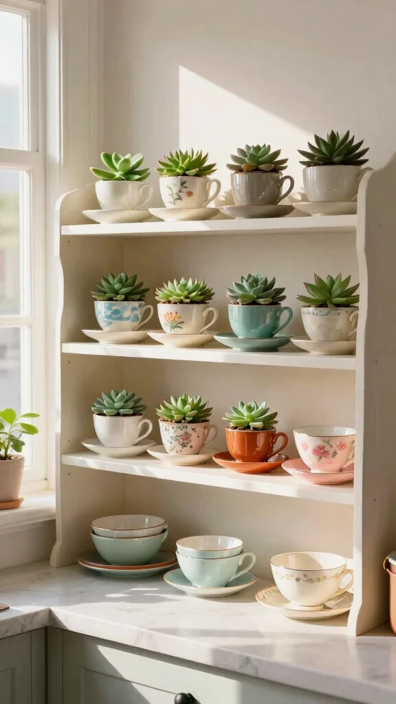 13 Large Plant Stand Ideas: Statement Pieces for Small Spaces - 8. Vintage Teacup Plant Display 1