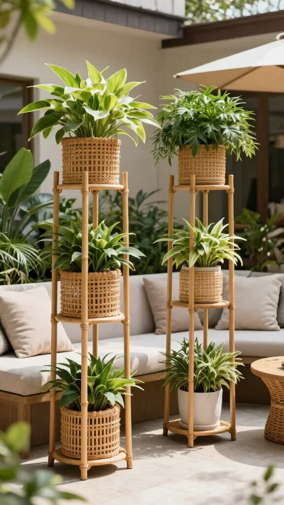 13 Large Plant Stand Ideas: Statement Pieces for Small Spaces - 9. Rattan and Bamboo Stands 1