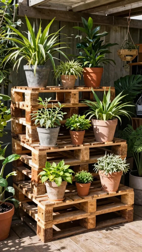 13 Pallet Plant Stand Ideas Recycled DIY - 1. Stackable Pallet Plant Stand 1