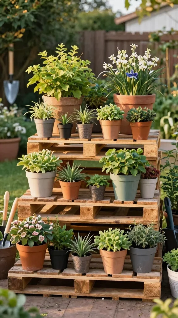 13 Pallet Plant Stand Ideas Recycled DIY - 3. Multi-Tiered Pallet Garden 1
