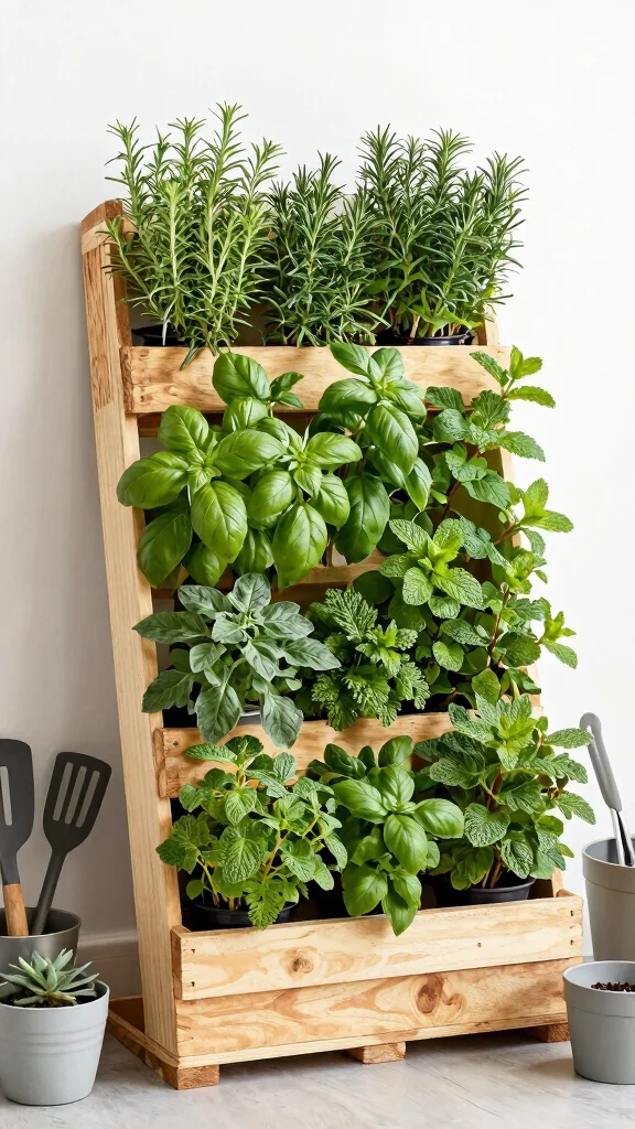 13 Pallet Plant Stand Ideas Recycled DIY - 6. Vertical Pallet Herb Garden 1