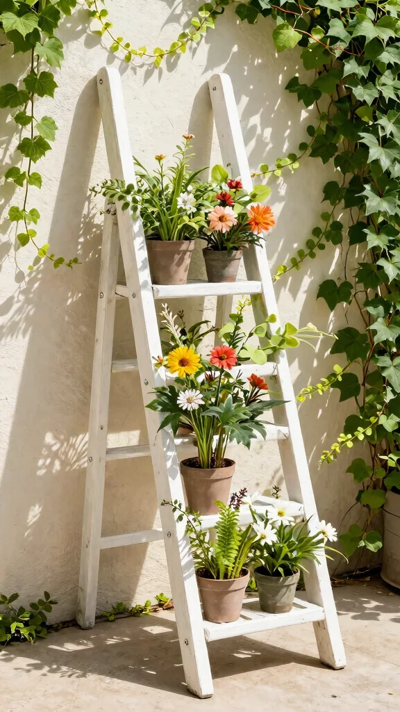 13 Pallet Plant Stand Ideas Recycled DIY - 7. Pallet Ladder Plant Stand 1