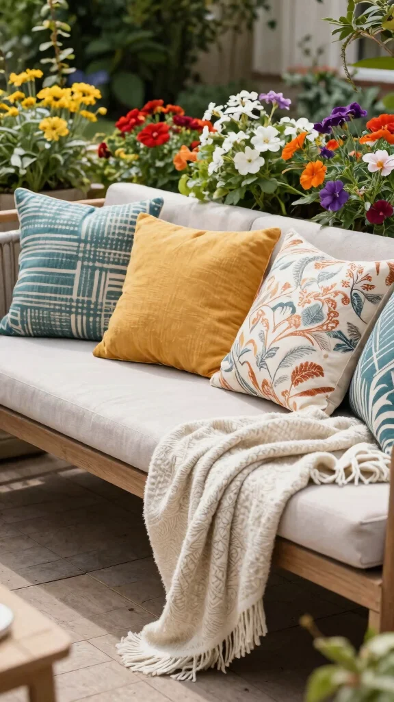 13 Patio Furniture Makeover Ideas Transform - 2. Cozy Cushions and Throws 1