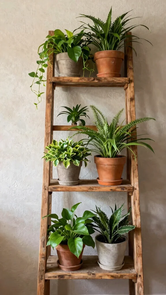 13 Plant Stand Ideas Indoor Versatile - 12. Rustic Ladder Shelf 1