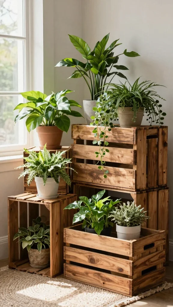 13 Plant Stand Ideas Indoor Versatile - 8. Rustic Crates for Plant Stands 1