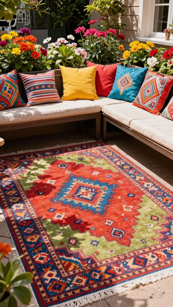 13 Vintage Patio Furniture Ideas for Retro Vibes - 12. Playful Outdoor Rugs 1