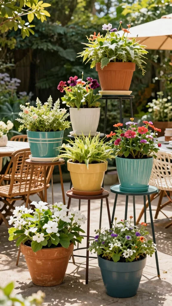 13 Vintage Patio Furniture Ideas for Retro Vibes - 9. Unique Planters and Stands 1