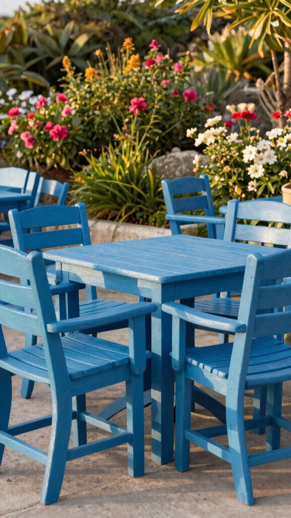 14 Blue Patio Furniture Ideas for Coastal Themes - 11. Blue-Painted Wooden Furniture 1