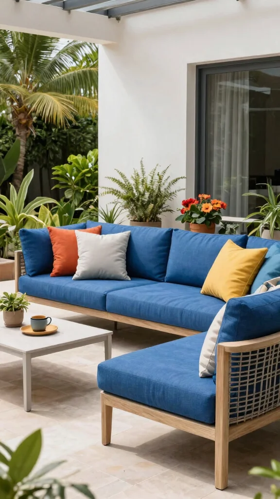 14 Blue Patio Furniture Ideas for Coastal Themes - 12. Contemporary Blue Sofas 1