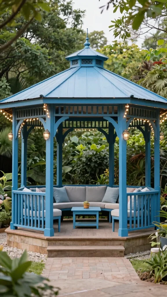 14 Blue Patio Furniture Ideas for Coastal Themes - 13. Blue Gazebo with Furniture 1