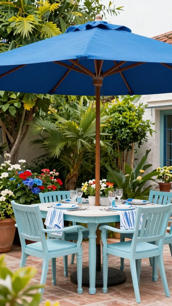 14 Blue Patio Furniture Ideas for Coastal Themes - 7. Blue Umbrellas and Covers 1