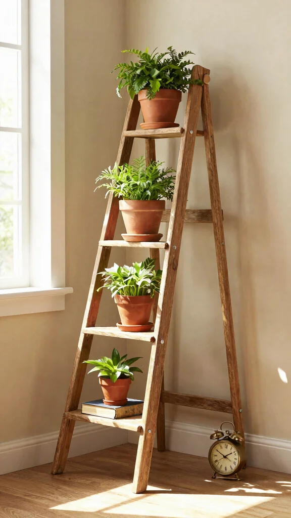 14 Creative Plant Stand Ideas for Vertical Gardening Displays - 3. Vintage Ladder Plant Stand 1