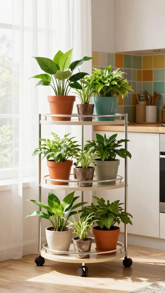 14 Creative Plant Stand Ideas for Vertical Gardening Displays - 5. Multi-Tiered Plant Stand with Wheels 1