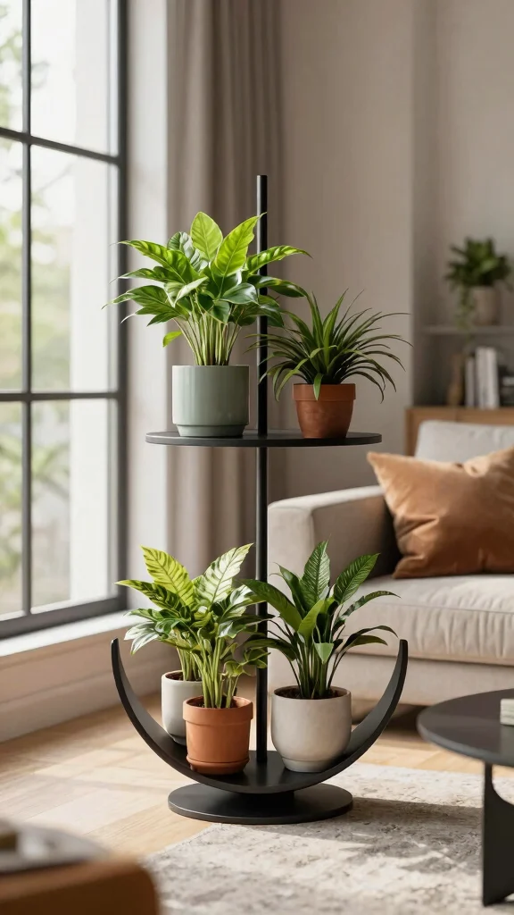 14 Creative Plant Stand Ideas for Vertical Gardening Displays - 8. Half-Moon Plant Stand 1