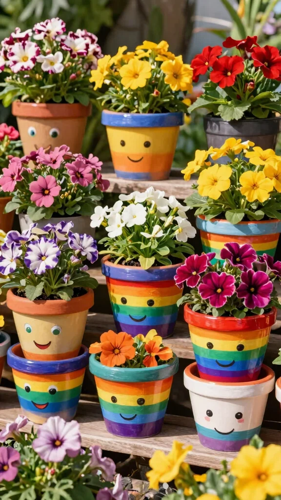 14 Face Flower Pots Ideas Whimsical Fun - 12. Rainbow Face Pots 1