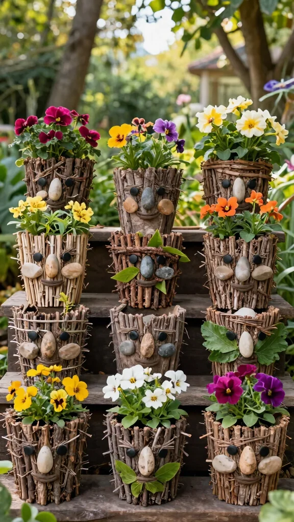 14 Face Flower Pots Ideas Whimsical Fun - 14. DIY Flower Pot Faces with Natural Elements 1
