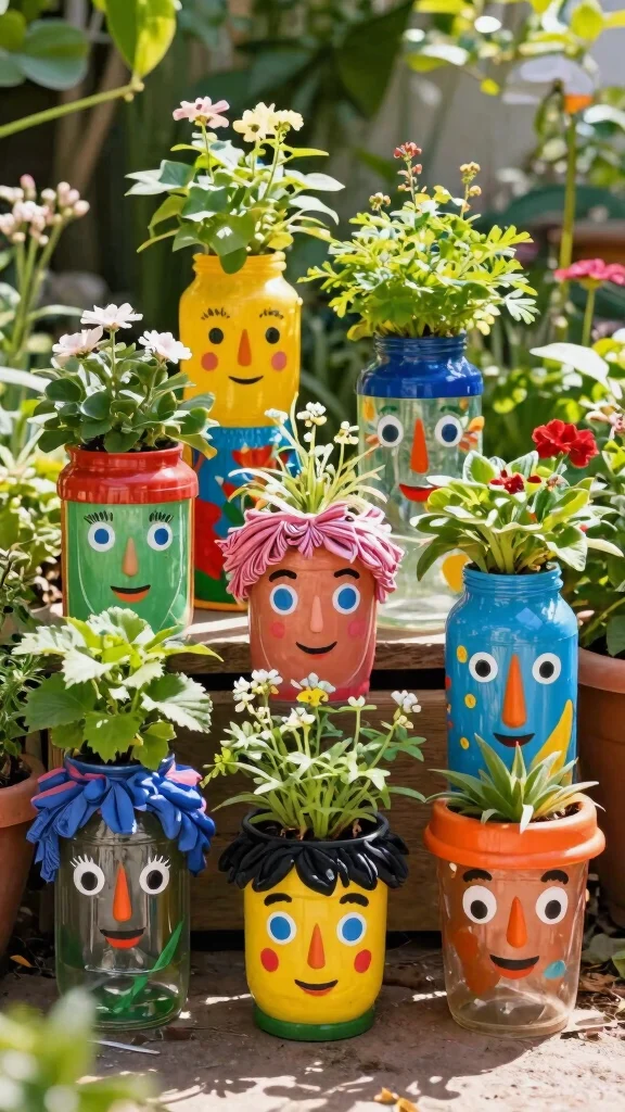 14 Face Flower Pots Ideas Whimsical Fun - 2. Upcycled Plastic Bottles 1