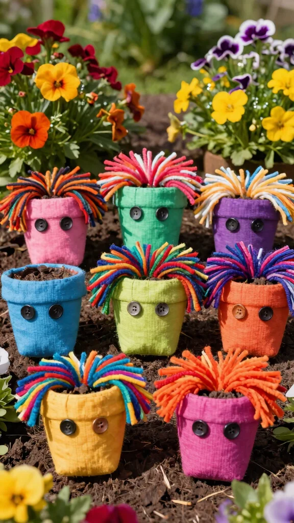 14 Face Flower Pots Ideas Whimsical Fun - 4. Fabric Faces 1