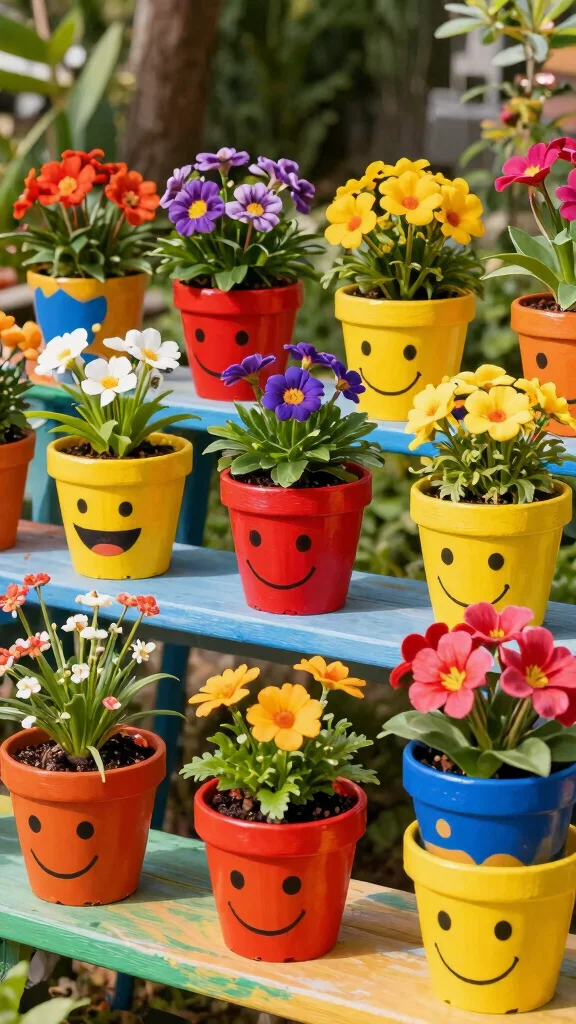14 Face Flower Pots Ideas Whimsical Fun - 7. Emoji Pots 1
