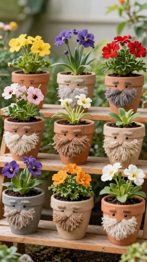 14 Face Flower Pots Ideas Whimsical Fun - 8. Face Pots with Beards 1