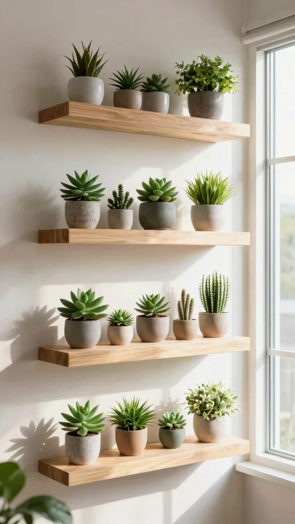 14 Hanging Plant Stand Ideas for Airy Displays - 13. Floating Shelves for Plants 1