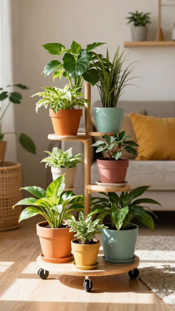 14 Hanging Plant Stand Ideas for Airy Displays - 14. DIY Plant Stand on Wheels 1