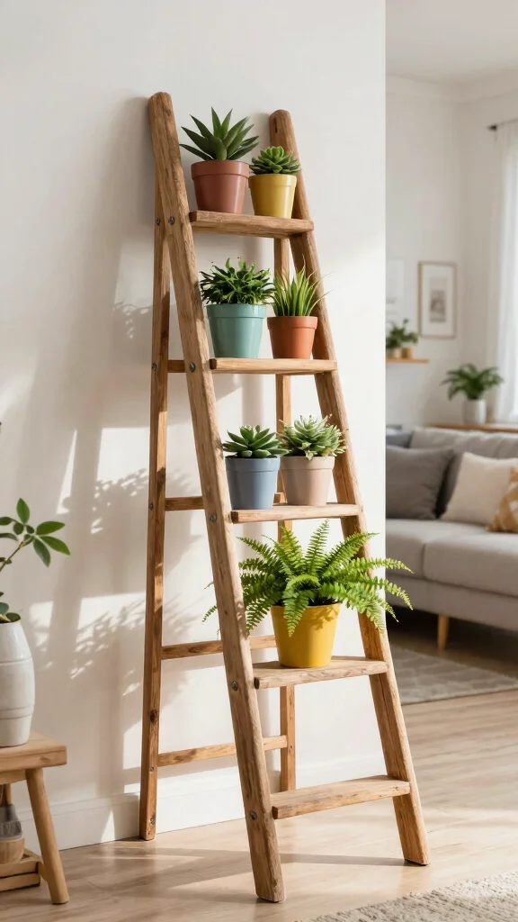 14 Hanging Plant Stand Ideas for Airy Displays - 6. Repurposed Ladder Plant Display 1