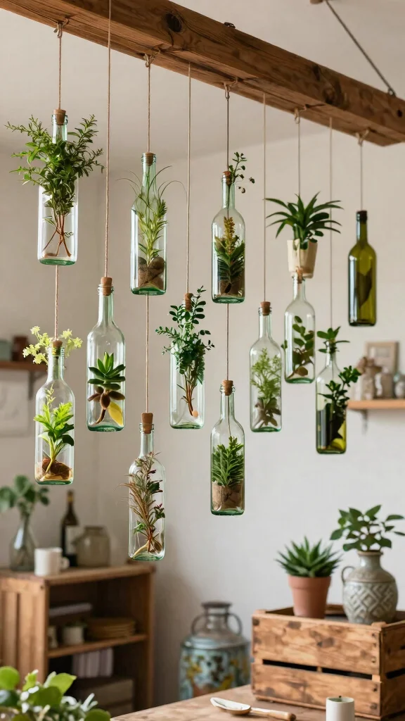 14 Hanging Plant Stand Ideas for Airy Displays - 9. Hanging Wine Bottles 1