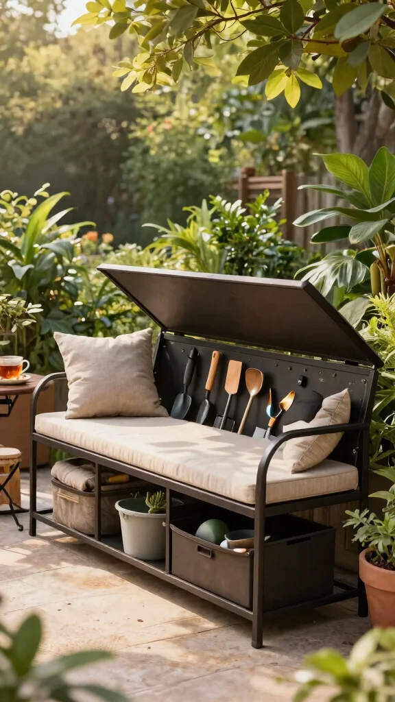 14 Iron Patio Furniture Ideas: Strong and Durable - 8. Multi-functional Iron Storage Bench 1