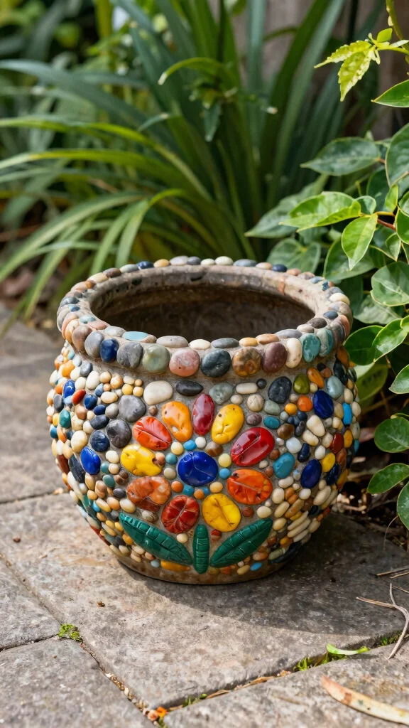 14 Mosaic Flower Pots Ideas for an Artistic Touch - 10. Colorful Pebble Mosaic Flowers 1