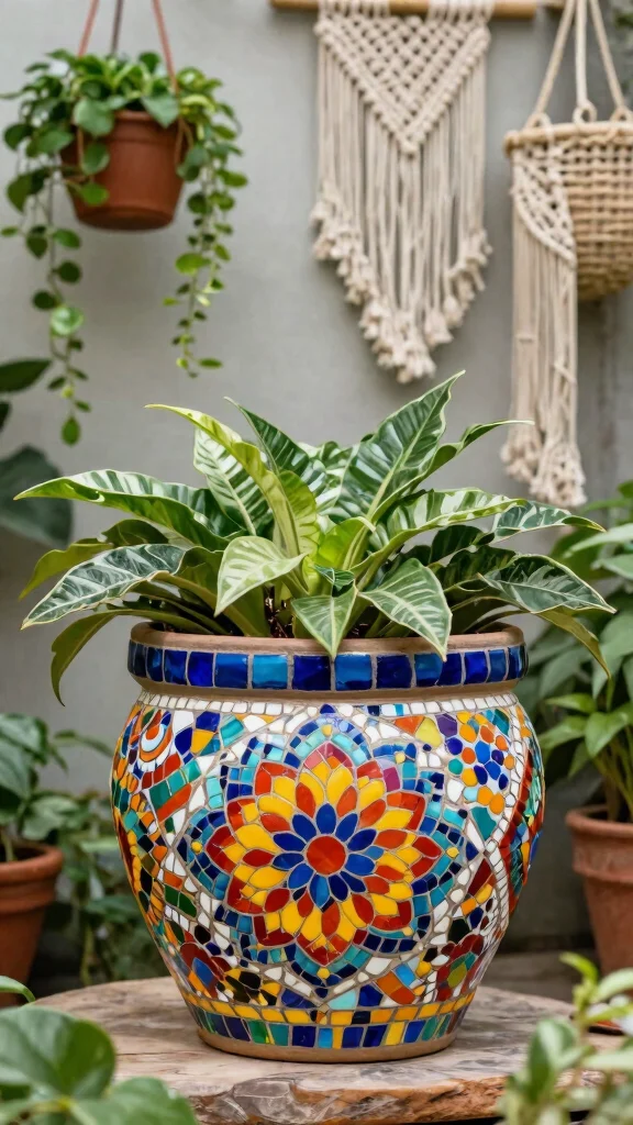 14 Mosaic Flower Pots Ideas for an Artistic Touch - 11. Bohemian-Inspired Mosaic Style 1