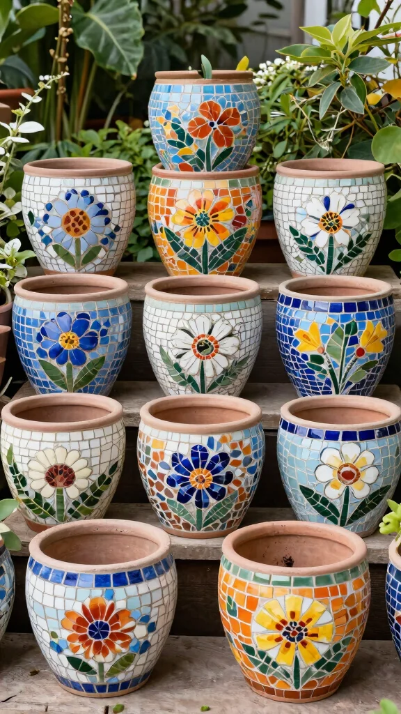 14 Mosaic Flower Pots Ideas for an Artistic Touch - 13. Themed Mosaic Pot Collections 1
