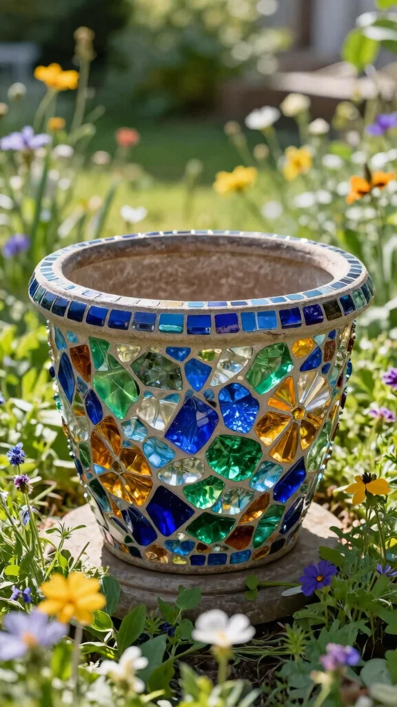 14 Mosaic Flower Pots Ideas for an Artistic Touch - 2. Nature-Inspired Glass Shard Pots 1