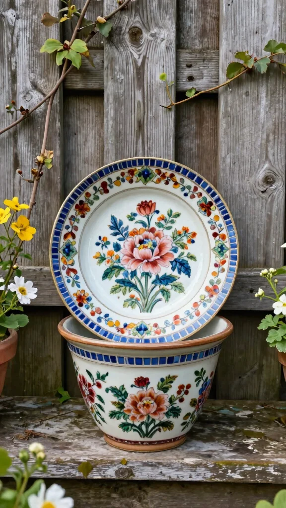 14 Mosaic Flower Pots Ideas for an Artistic Touch - 3. Vintage Plate Mosaic 1