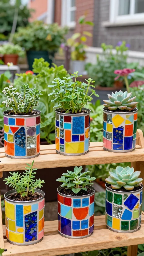 14 Mosaic Flower Pots Ideas for an Artistic Touch - 4. Upcycled Cans with Mosaic Touch 1