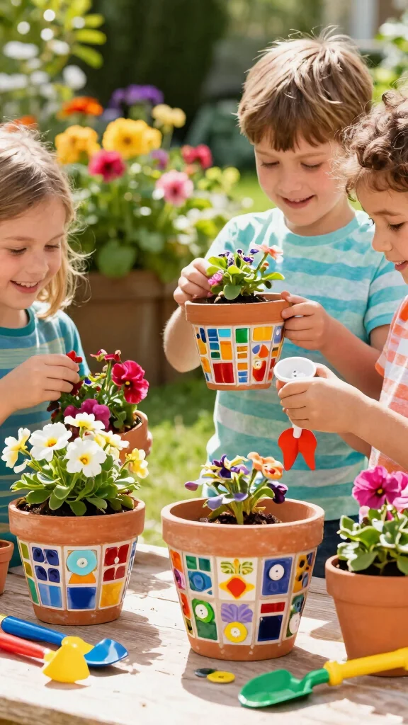 14 Mosaic Flower Pots Ideas for an Artistic Touch - 6. Children’s Art Mosaic Pots 1
