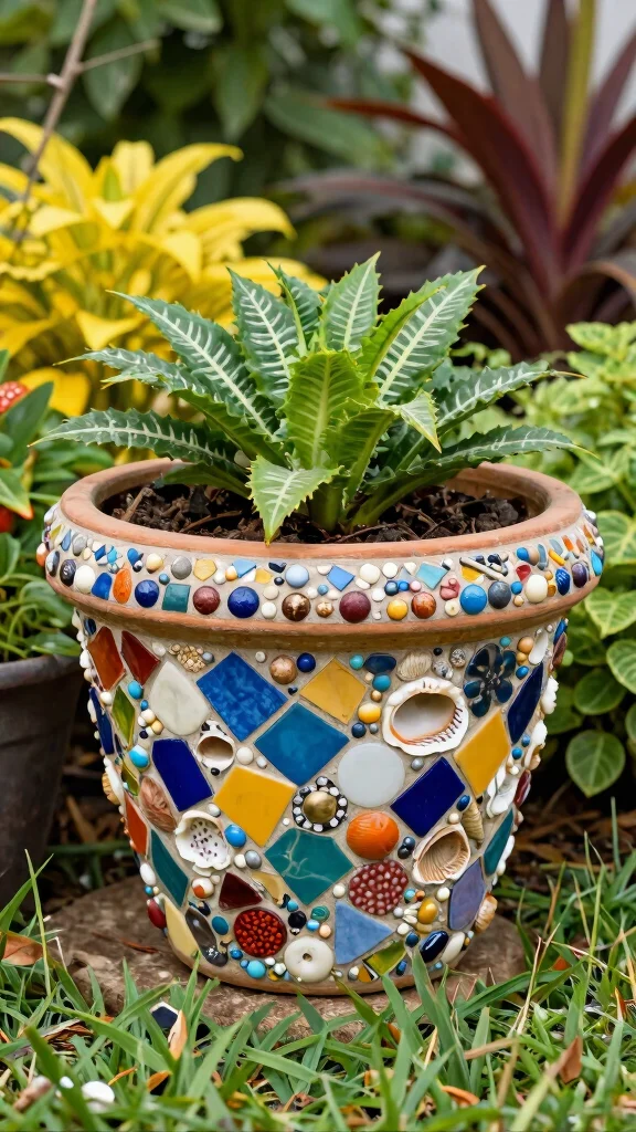 14 Mosaic Flower Pots Ideas for an Artistic Touch - 8. Artistic Patterns and Textures 1