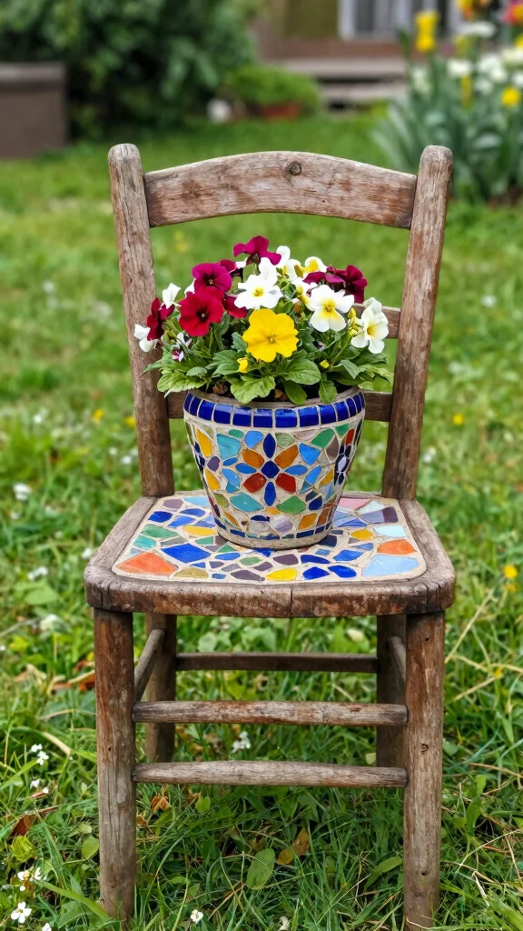 14 Mosaic Flower Pots Ideas for an Artistic Touch - 9. Upcycled Furniture Mosaic Pots 1