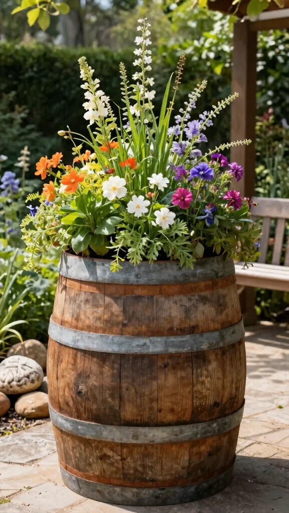 14 Outdoor Plant Stand Ideas Patio Perfect - 12. Rustic Barrel Plant Stand 1