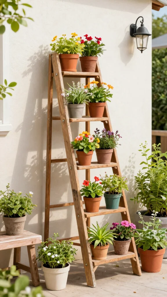14 Outdoor Plant Stand Ideas Patio Perfect - 3. Ladder Plant Stand 1