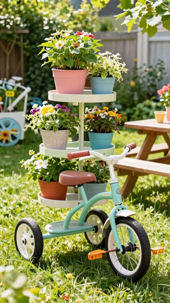 14 Outdoor Plant Stand Ideas Patio Perfect - 8. Vintage Tricycle Plant Stand 1