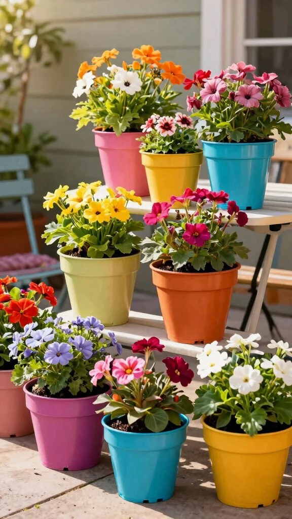 14 Patio Flower Pots Ideas Space Enhancing - 11. Colorful Plastic Pots 1