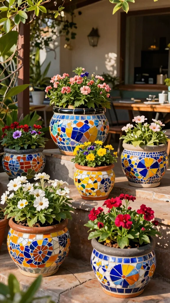 14 Patio Flower Pots Ideas Space Enhancing - 5. Colorful Mosaic Pots 1