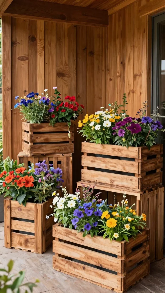 14 Patio Flower Pots Ideas Space Enhancing - 6. Rustic Wooden Crates 1