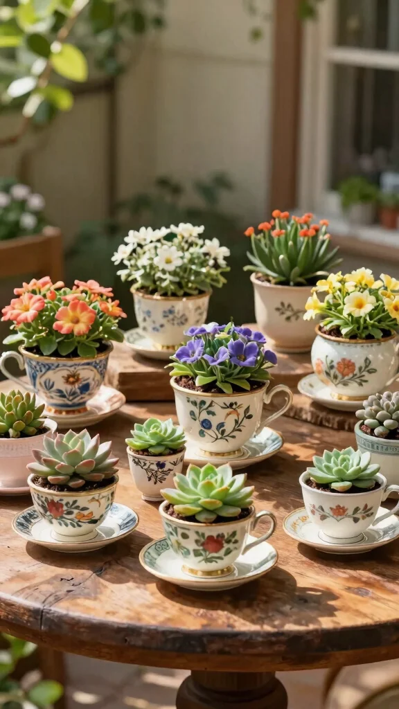 14 Patio Flower Pots Ideas Space Enhancing - 9. Vintage Teacup Planters 1