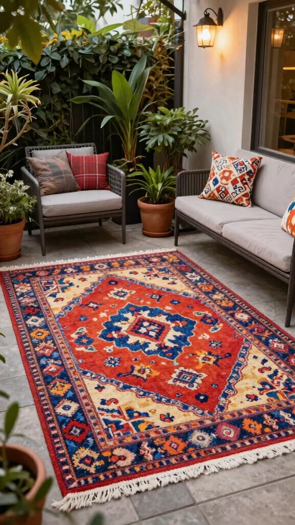 14 Small Patio Furniture Ideas for Cozy Corners - 9. Outdoor Rugs 1