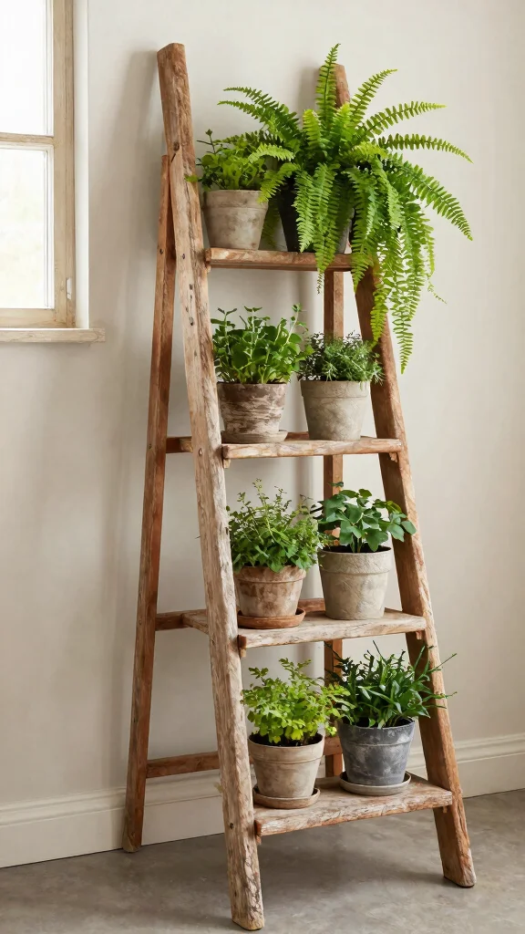 14 Tall Plant Stand Indoor Ideas for Small Space Gardening - 2. Rustic Ladder Plant Stand for a Touch of Charm 1